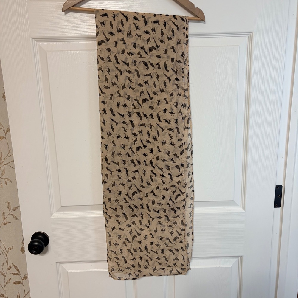Beige Black Cat Print Chiffon Scarf Lightweight Oblong Animal Graphic Wrap